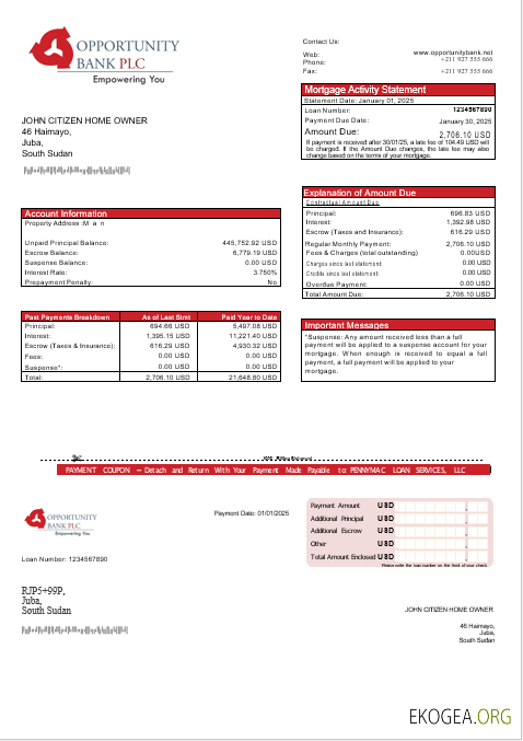 Relevé hypothécaire de la South Soudan Opportunity Bank aux formats Word et PDF